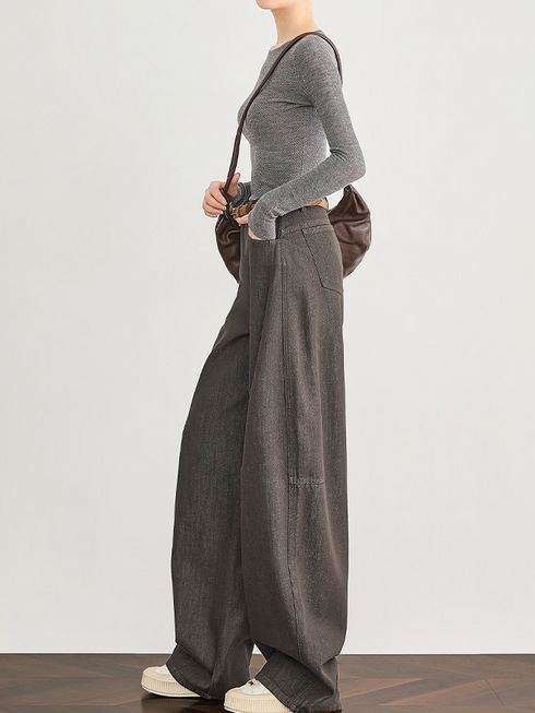 Amber Flow Tencel Brown Curved-Leg Wide-Leg Denim Pants for Women – Thickened Sickle-Cut Jeans for Fall & Winter