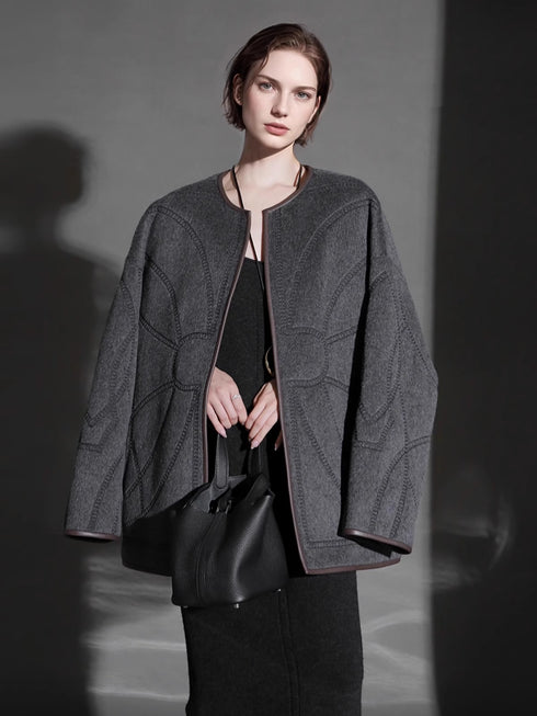 Elegant Wool Coat for Women – Double-Faced Suri Alpaca Blend Overcoat with Chain Motif and Leather Trim