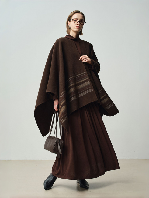 Women's Chestnut Brown Embroidered Minimalist Wool Double-Faced Cashmere Cape Coat – One-Piece Design