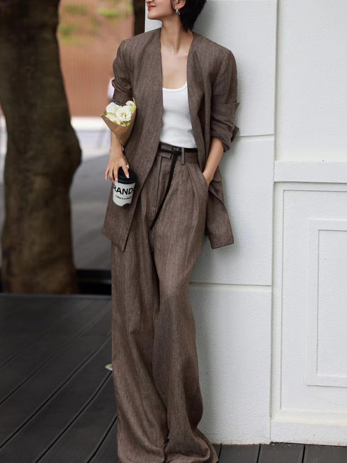 High-End Old Money Style Linen Suit – Relaxed Two-Piece Set with Wide-Leg Pants