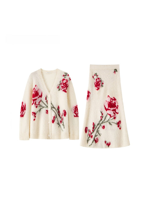 Luxury Alpaca Rose Jacquard Cardigan & Mermaid Skirt – Relaxed Fit (Sold Separately)