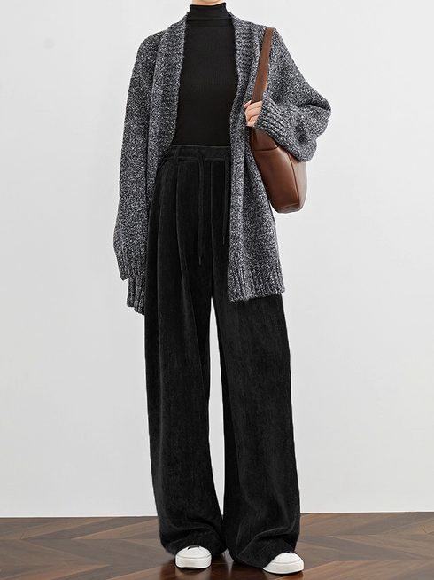 Women's Dark Gray Velvet Wide-Leg Pants – Extended Fall/Winter Chenille Casual Lounge Floor-Length Trousers with Draped Fit