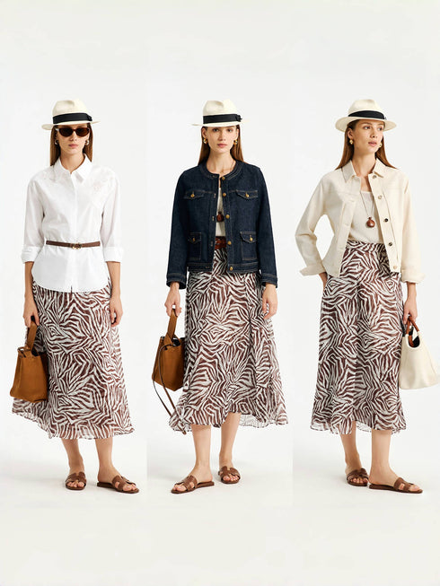 Mulberry Silk Zebra Print Midi Skirt – 6A Grade Draped Old Money Style