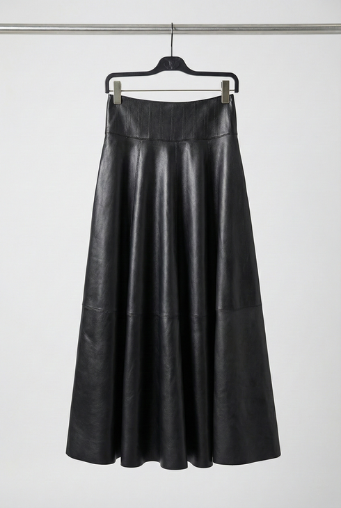 Luxury Black Genuine Sheepskin Midi Skirt – High Waist A-Line Leather Flared Skirt for Women