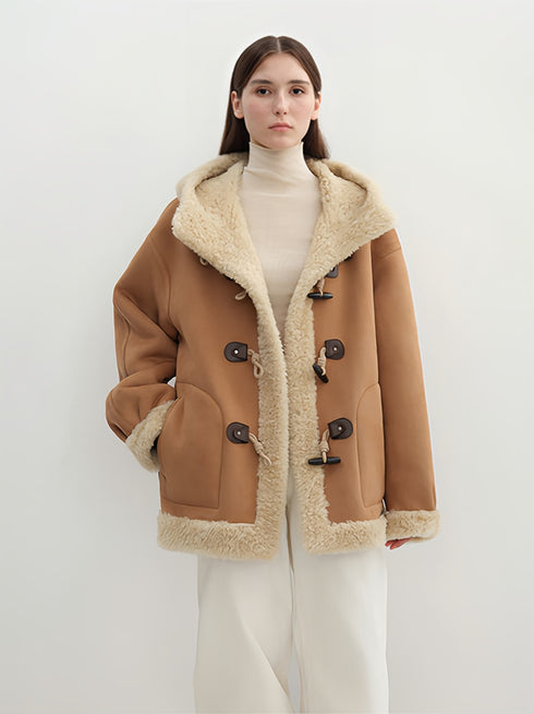 Color-Contrast Shearling Hooded Coat for Women — Mid-Length Faux Sheepskin Jacket with Raw-Edge Trim