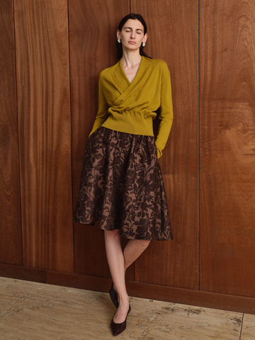 Elegant Wool Jacquard A-Line Midi Skirt – Flowy Silhouette with Elastic Waist