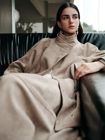 Suede Touch Double-Layer Jacket & Chic Midi Skirt Set – Eco Brushed Fabric