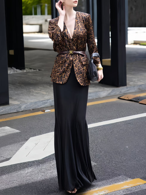 Early Autumn Retro Leopard Print Draped Acetate Blazer