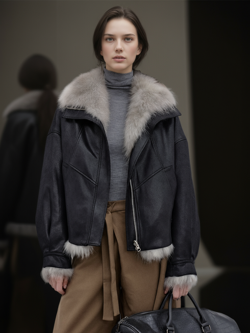 Women’s Reversible Suede Jacket with Raccoon Fur Collar | Short Winter Biker Coat