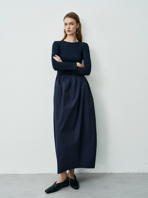 Women's Minimalist Smart-Style Long-Sleeve T-Shirt Dress with Cotton-Feel Panels – Elegant Maxi Bubble Skirt