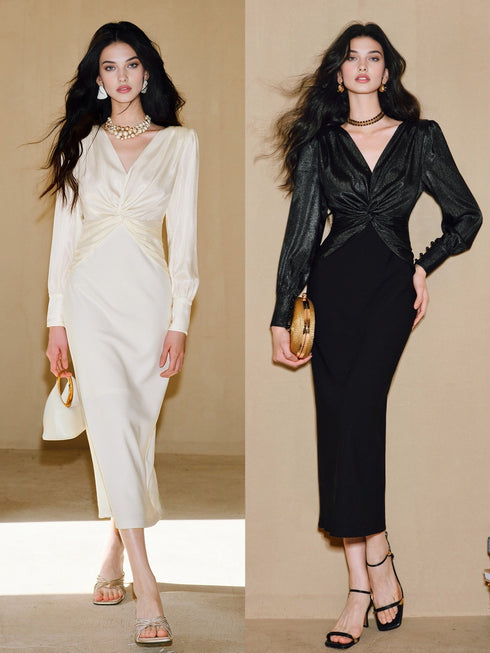 Shimmer Crinkle Satin & Stretch Hemp Blend V-Neck Knot Waist Slim Fit Dress