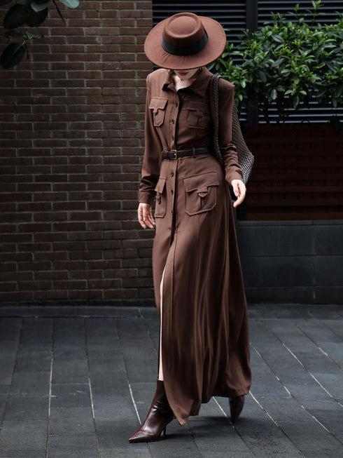 French Style Trench Coat Dress – Button Down Long Sleeve Autumn Casual Midi Dress for Women