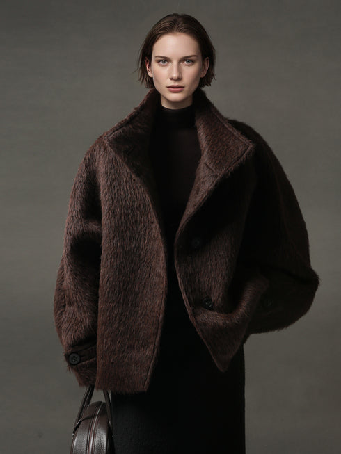 Alpaca Wool Biker Jacket for Women – Stand Collar Suoli Alpaca Coat with Luxe Textured Finish, Winter Chic Outerwear