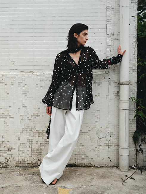 12MM Pure Mulberry Silk Polka Dot Chiffon Blouse | Irregular Hem Ribbon-Tie Women's Shirt