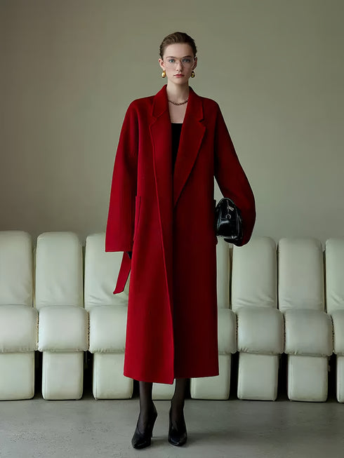 High-End Vintage Christmas Burgundy Double-Faced Wool Coat for Women | Loose Casual Elegant Wool Overcoat