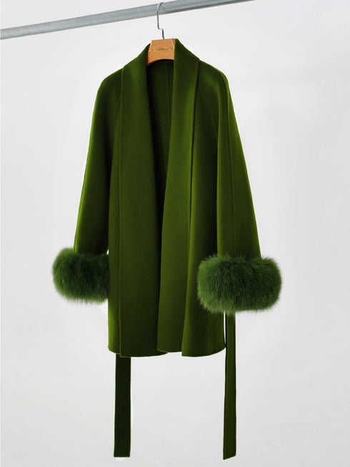 20% Cashmere Double-Faced Wool Coat for Women – Short Vintage Green Overcoat with Fox Fur Cuffs