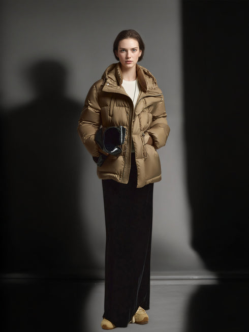 White Duck Down Hooded Puffer Coat – Drawstring Waist, Warm Thickened Loose Fit Winter Jacket for Women