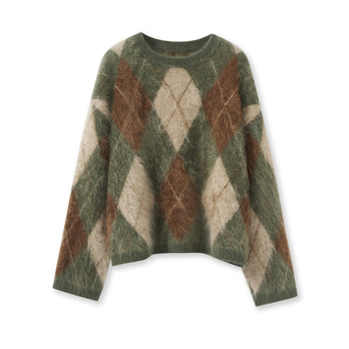 Brushed Cashmere Diamond-Pattern Crewneck Sweater for Women | Soft Long-Sleeve Knit in British-Inspired Style