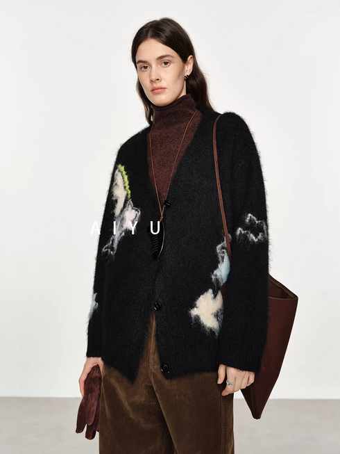 Women's Relaxed Vintage-Style Jacquard Wool V-Neck Knit Cardigan – Loose-Fit Fall/Winter Sweater Jacket