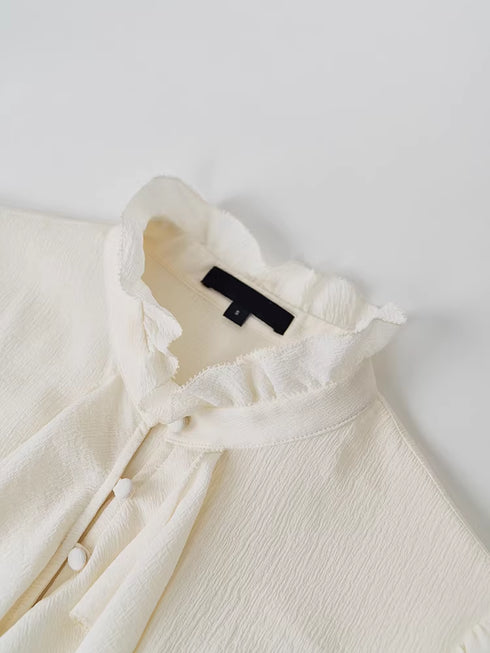 Women's Limited-Edition Heavyweight Crinkled Waffle Silk Ruffle Blouse – Elegant Fall Statement Shirt