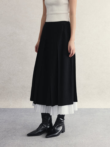 Preppy Style Black and White Piano Key Pleated A-Line Skirt | High-Waisted Accordion Pleated Midi Skirt