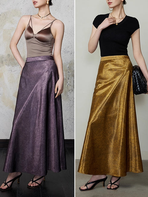 Vintage 100% Acetate Gilded Gloss Pencil Skirt for Women — Textured Crackle Lines, Elegant High-Waist Slim Skirt