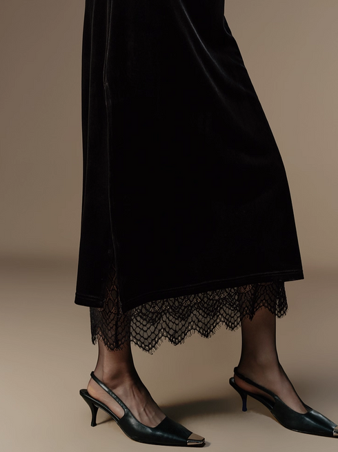 French Romantic Style Stretch Waist Lace-Trim Draped Velvet Long Skirt