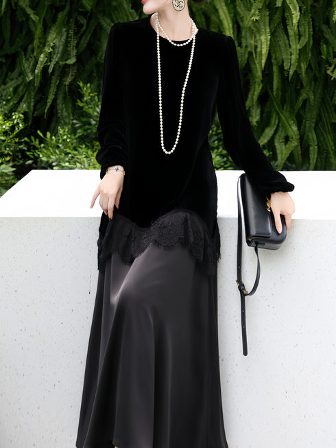 Casual Round Neck Long-Sleeve Dress – Silk & Lace Patchwork, Color Blocking, Loose Fit