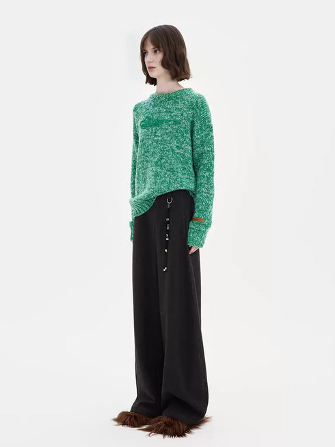 Green Wool Blend Speckled Knit Sweater for Women – Vintage Winter Pullover Top