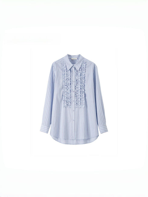 Modern Victorian Pima Cotton Shirt – Romantic Ruffle Trim Elegant Commuter Blouse