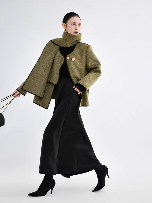 Women's Designer Green Wool Coat with Reversible Scarf – Double-Faced Wool Winter Overcoat