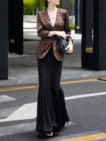 Early Autumn Retro Leopard Print Draped Acetate Blazer