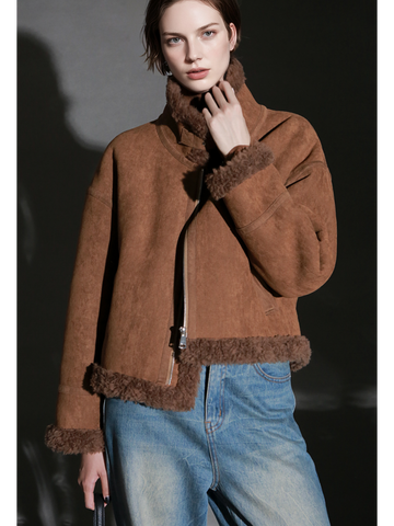 Vintage Suede Faux Shearling Jacket for Women – Short Stand Collar Plush Coat with Strap Detail, Thick Warm Winter Outerwear