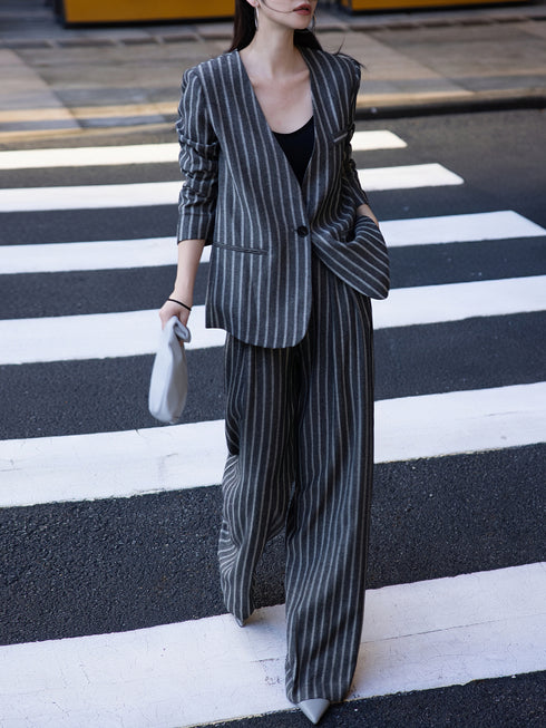 Casual Linen Stripe Suit – Autumn New Arrival with Lazy Aesthetic