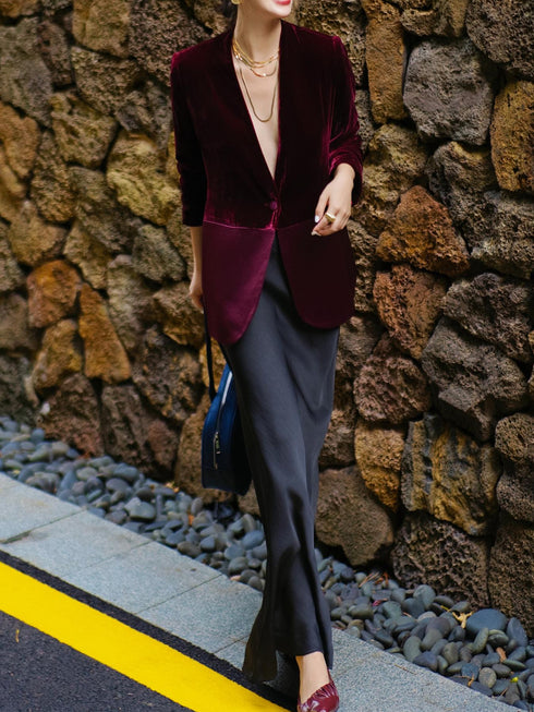 Luxurious Silk Velvet-Panelled Acetate Blazer – Autumn Versatile Single Suit Jacket