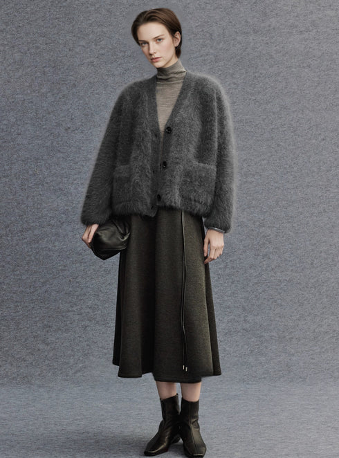 Brushed Merino Wool Knit Sweater | Minimalist Relaxed-Fit Brushed Short Jacket for Women