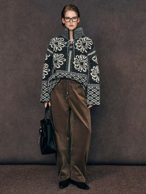 Paris Snow Velvet Fair Isle Knit | French-Style Tie Polo Collar Loose Slimming Pullover Sweater