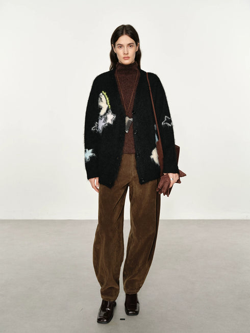 Women's Relaxed Vintage-Style Jacquard Wool V-Neck Knit Cardigan – Loose-Fit Fall/Winter Sweater Jacket