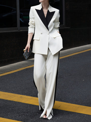 Business Professional Women's Suit Set | High-End Black and White Color Block Blazer & Wide-Leg Trousers - Elegant Formal Two-Piece Outfit