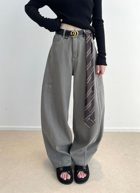 Women’s Fleece-Lined High-Waist Jeans | Unique Deconstructed Wide-Leg Denim Pants with Belt for Winter