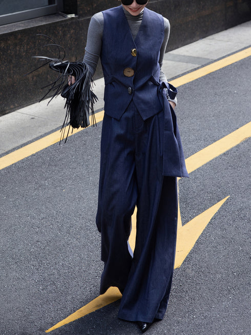Old Money Style Women's Set – Autumn Navy Blue Slim Tie-Waist Vest & Wide-Leg Pants Two-Piece