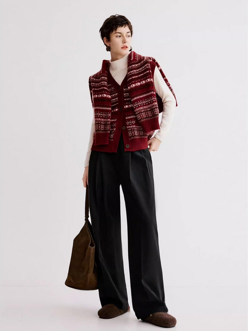 Fair Isle Layered Vest – Stylish V-Neck Jacquard Knit Cardigan for Women, Fall/Winter Sweater