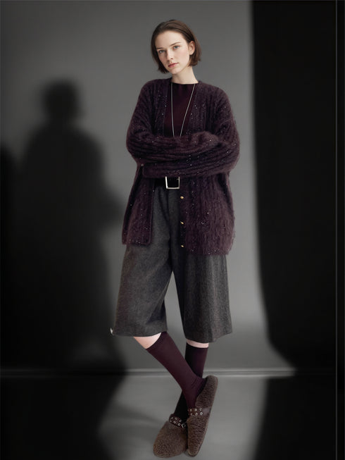 Women’s Luxury Mohair Blend Sequin Cardigan | Soft Shimmer Knit Sweater with Metallic Thread