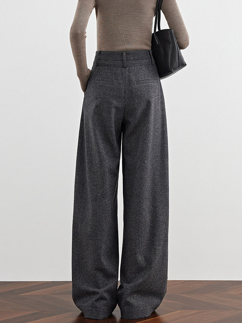 Women's Gray Wool Wide-Leg Pants – Draped Straight-Leg Casual Suit Trousers for Fall, Influencer Favorite