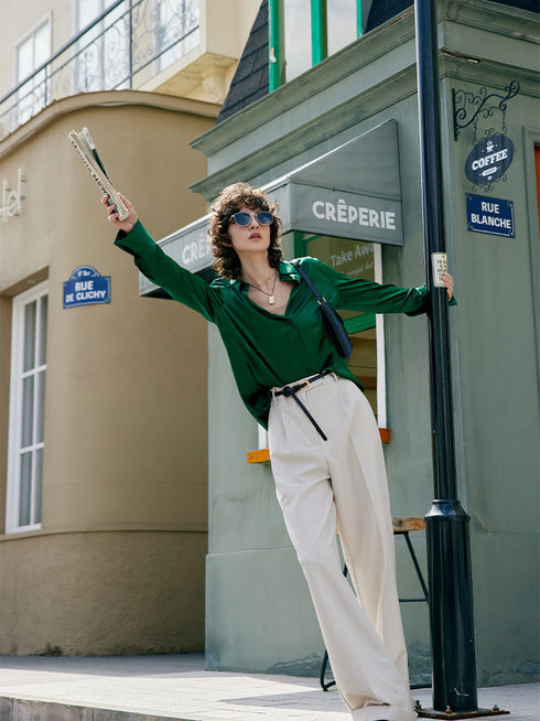 Women's Heavyweight Mulberry Silk Shirt – Relaxed-Fit Solid Color Collared Silk Blouse