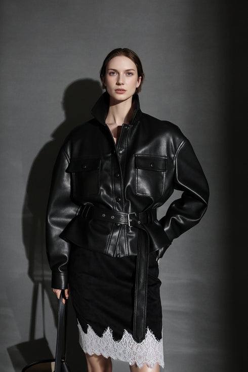 Women’s Cropped Sheepskin Leather Moto Jacket – High-End Belted Designer Biker Outerwear