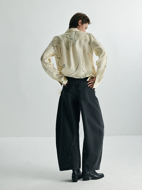 Women's Hand-Drawn Calla Lily Line Print Relaxed-Fit Silk Long-Sleeve Shirt – Mulberry Silk Office Blouse