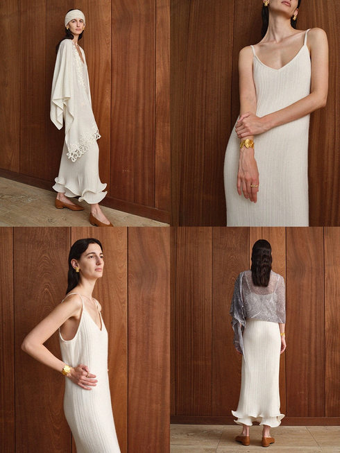 Elegant Merino Wool Maxi Dress – Soft Wavy Knit Spaghetti Strap Long Dress for Women