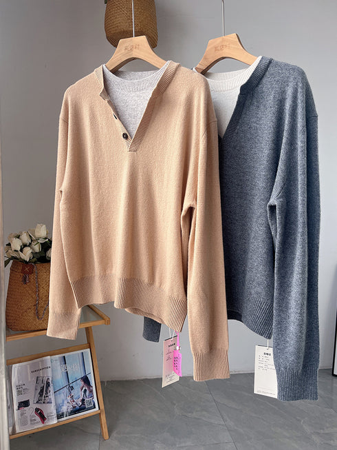 Contrast Trim Wool Cashmere Sweater for Women | Minimalist Loose Fit Ribbed Knit Top with Layered Effect