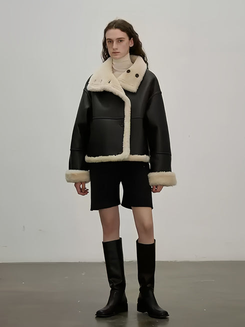 Reversible Moto Jacket for Women — Short Teddy Coat with New Zealand Sheepskin Shearling, Color-Block Suede & Premium PU Leather